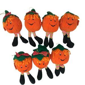 Vintage Ornament Lot 7 Orange Pumpkin Plush 6" Figures Jack O Lantern Halloween